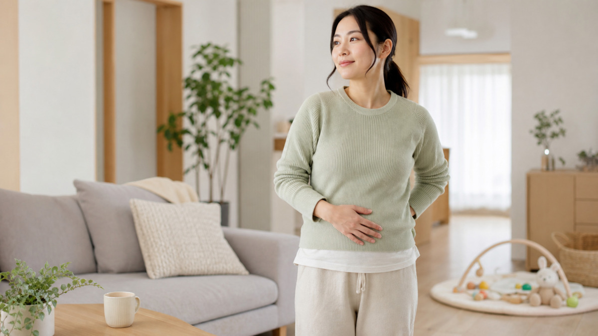 産後の身体の回復について考える女性