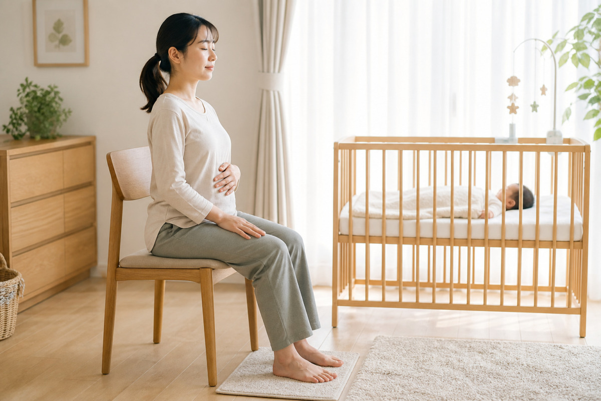 赤ちゃんを安全に寝かせたそばで呼吸を整える産後の女性