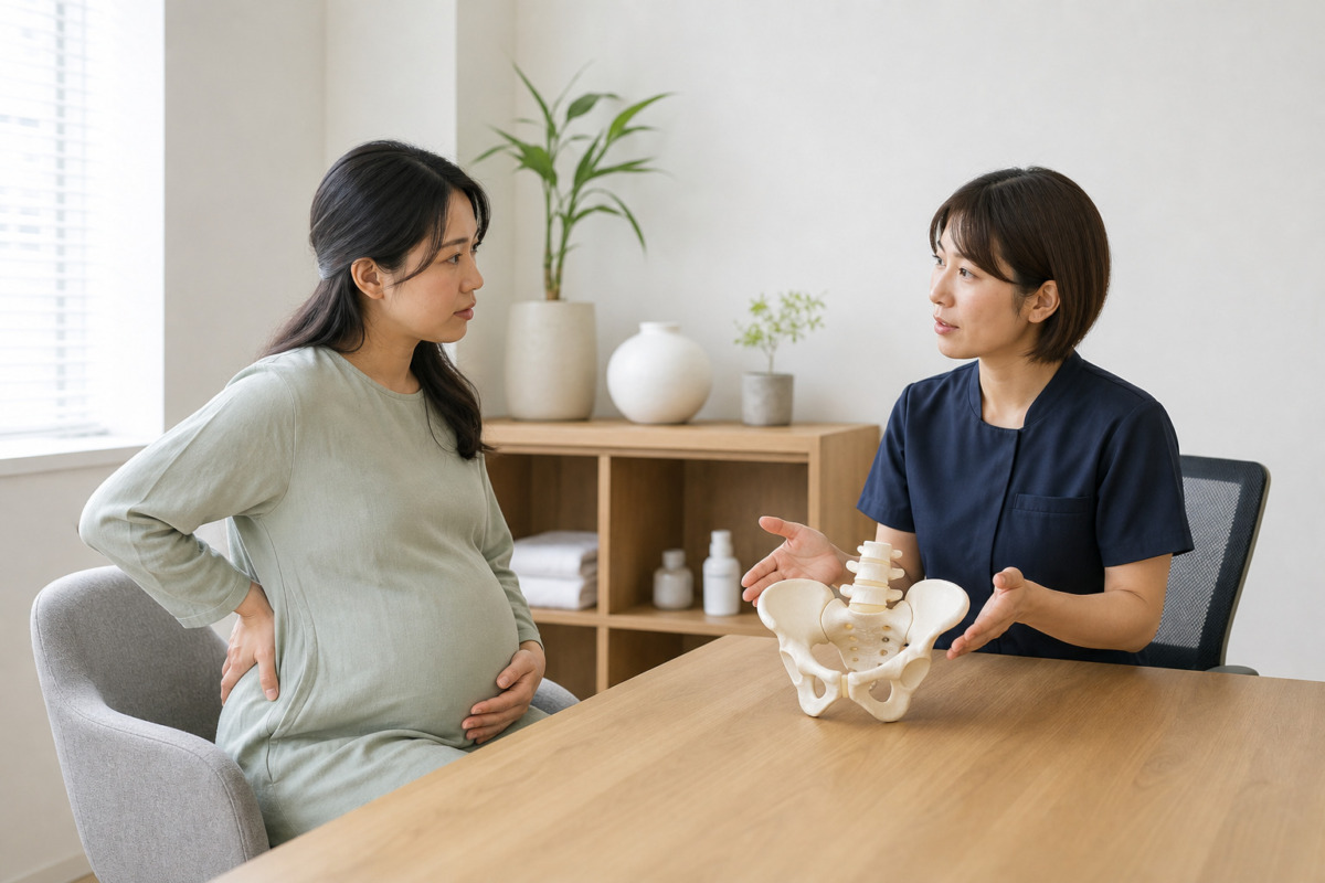 妊娠中の腰と骨盤の痛みを専門家へ相談する女性