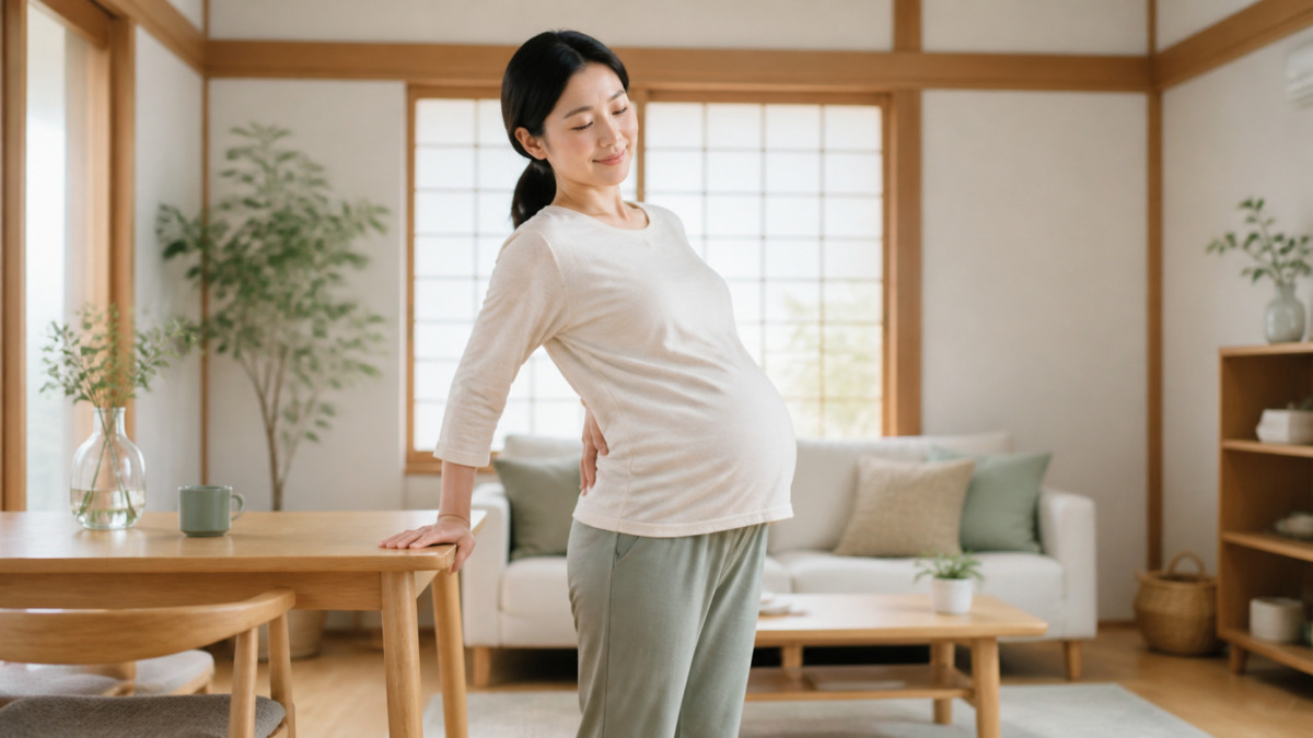 安定した台へ手を添えて身体をやさしく動かす妊婦