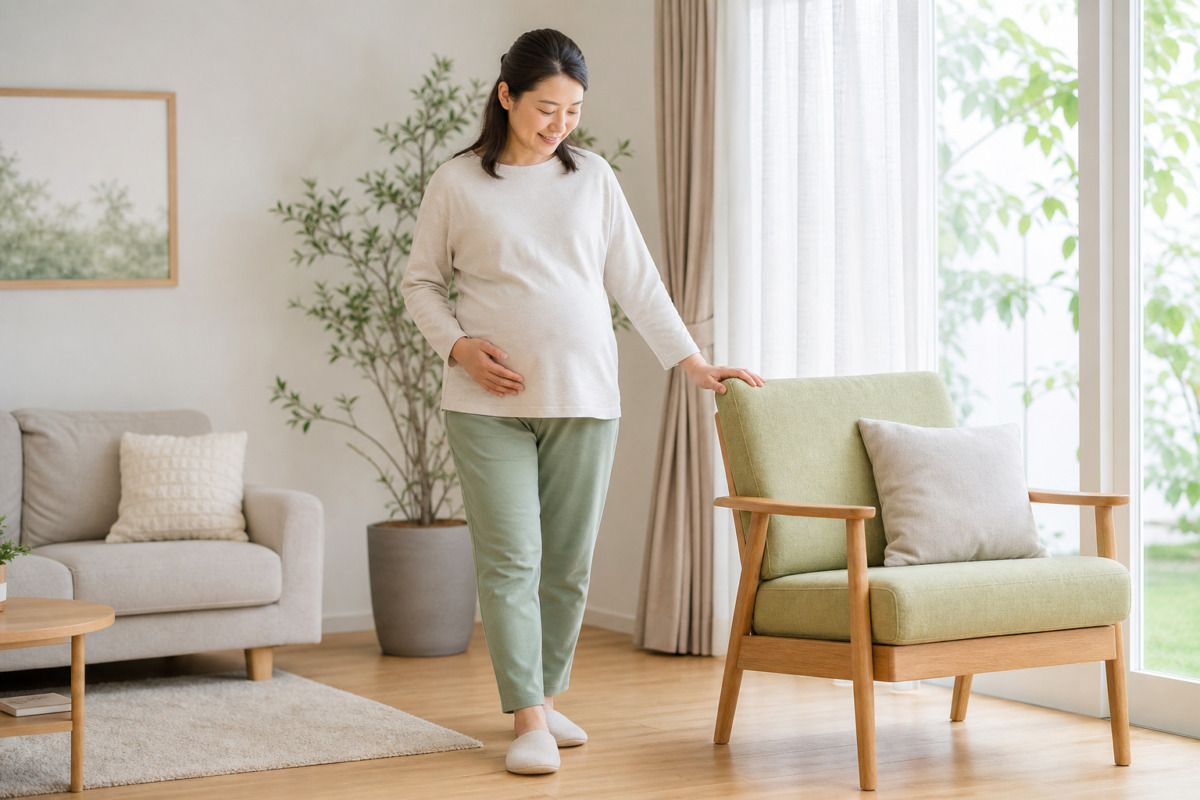 椅子を支えにして無理のない範囲で歩く妊婦