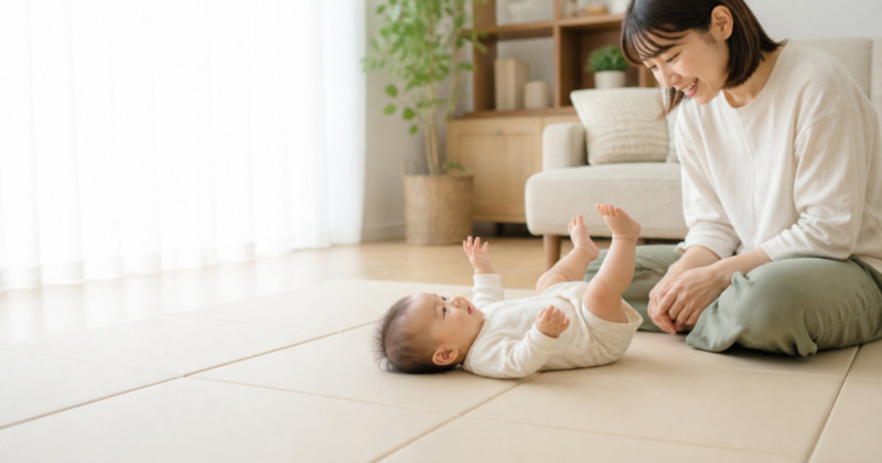 床遊び中の赤ちゃんの左右の動きを見守る母親