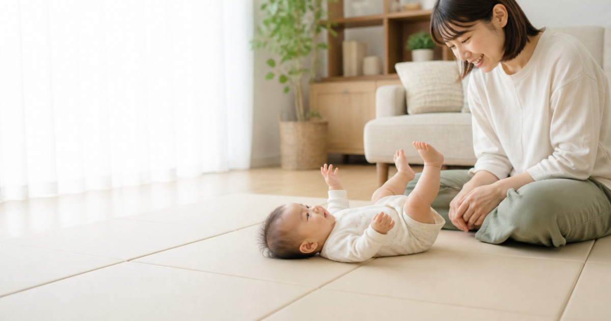 床遊び中の赤ちゃんの左右の動きを見守る母親