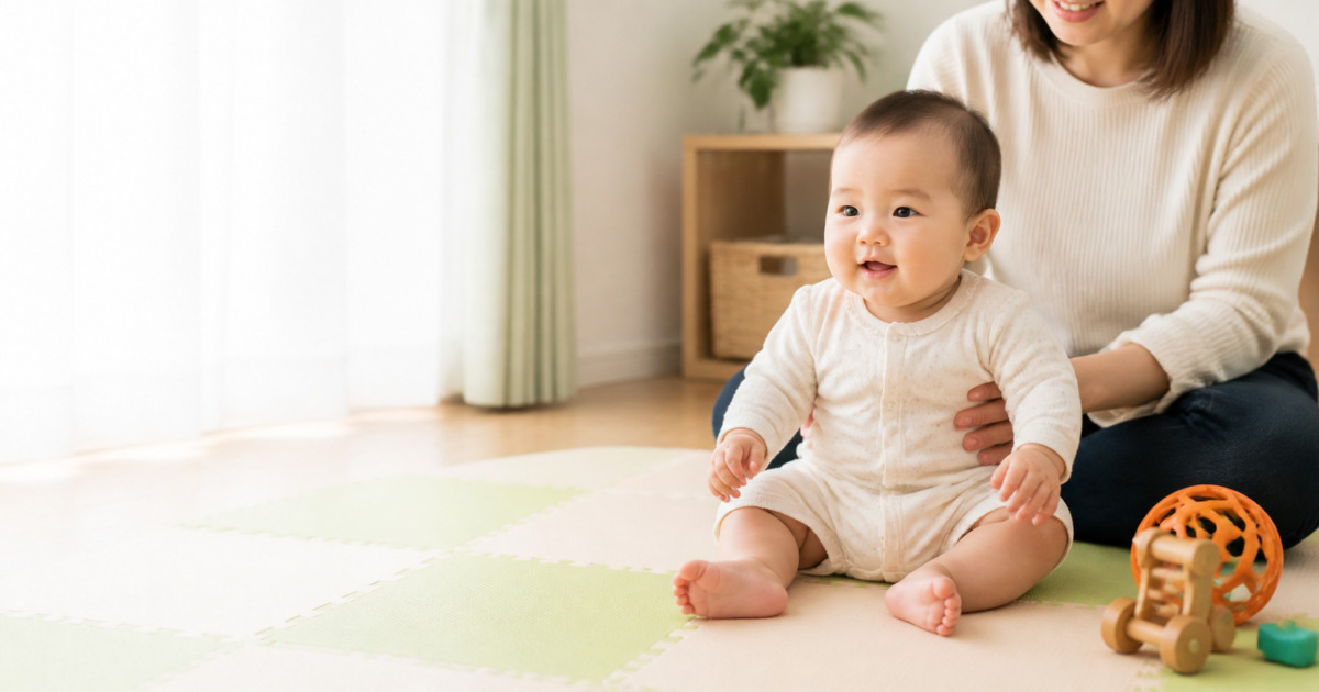 安全な床で保護者に見守られながら座位を練習する赤ちゃん