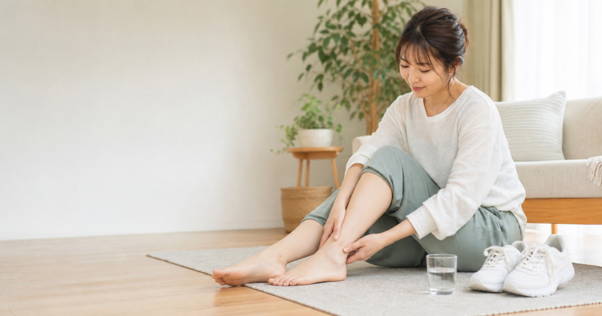 月経前の脚のむくみを確認する女性