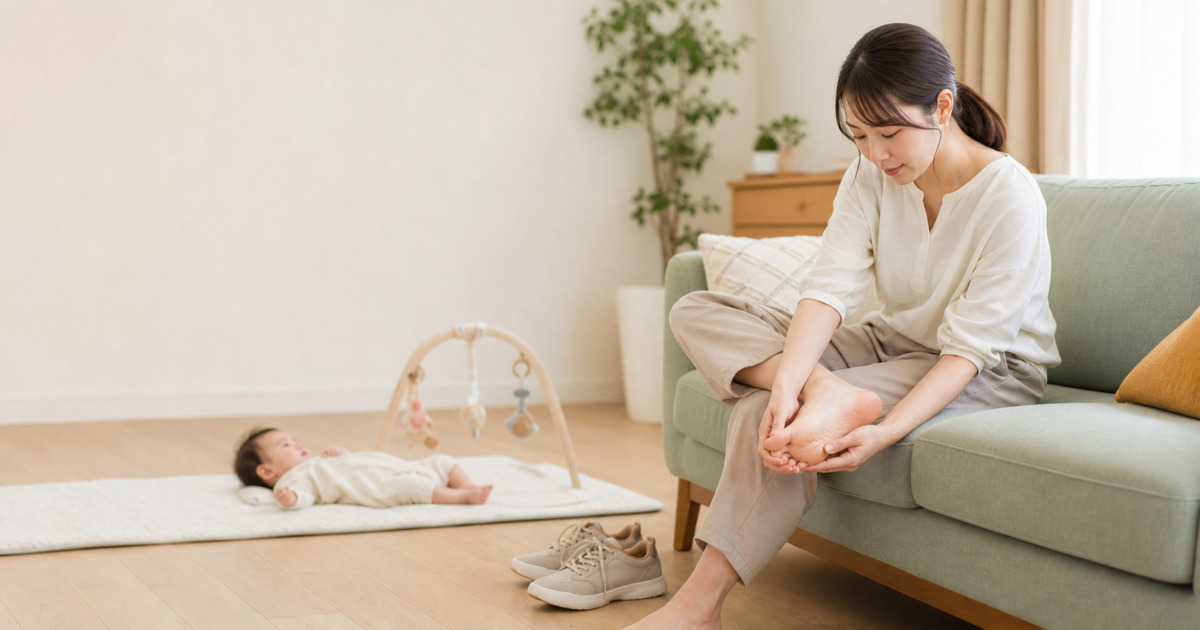 産後に足首・足裏の状態を確認する女性