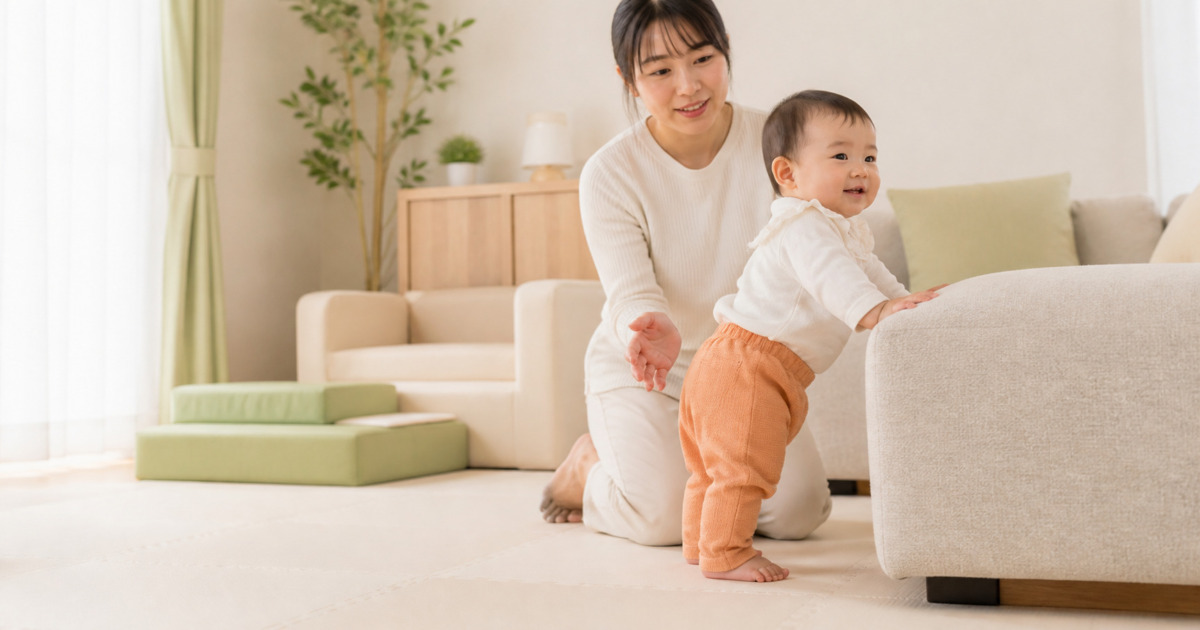 安定した家具でつかまり立ちし保護者に見守られる赤ちゃん
