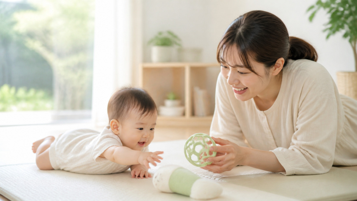 保護者と一緒にうつぶせ遊びを楽しむ赤ちゃん