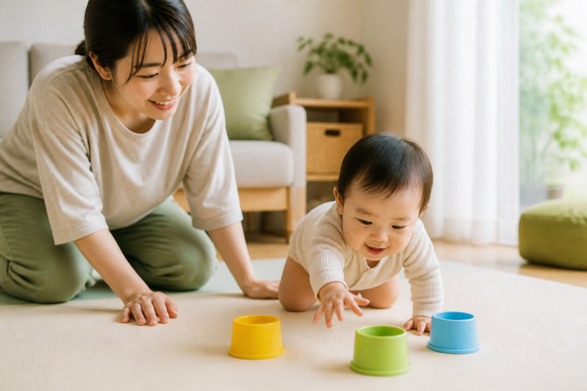 保護者に見守られながらはいはいとカップ遊びを楽しむ赤ちゃん