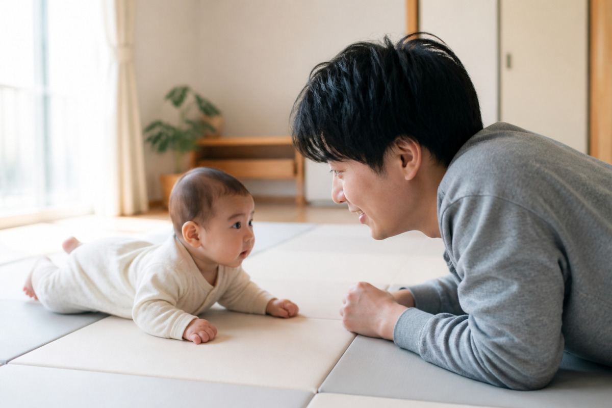 保護者が見守る中で短時間のうつぶせ遊びをする赤ちゃん