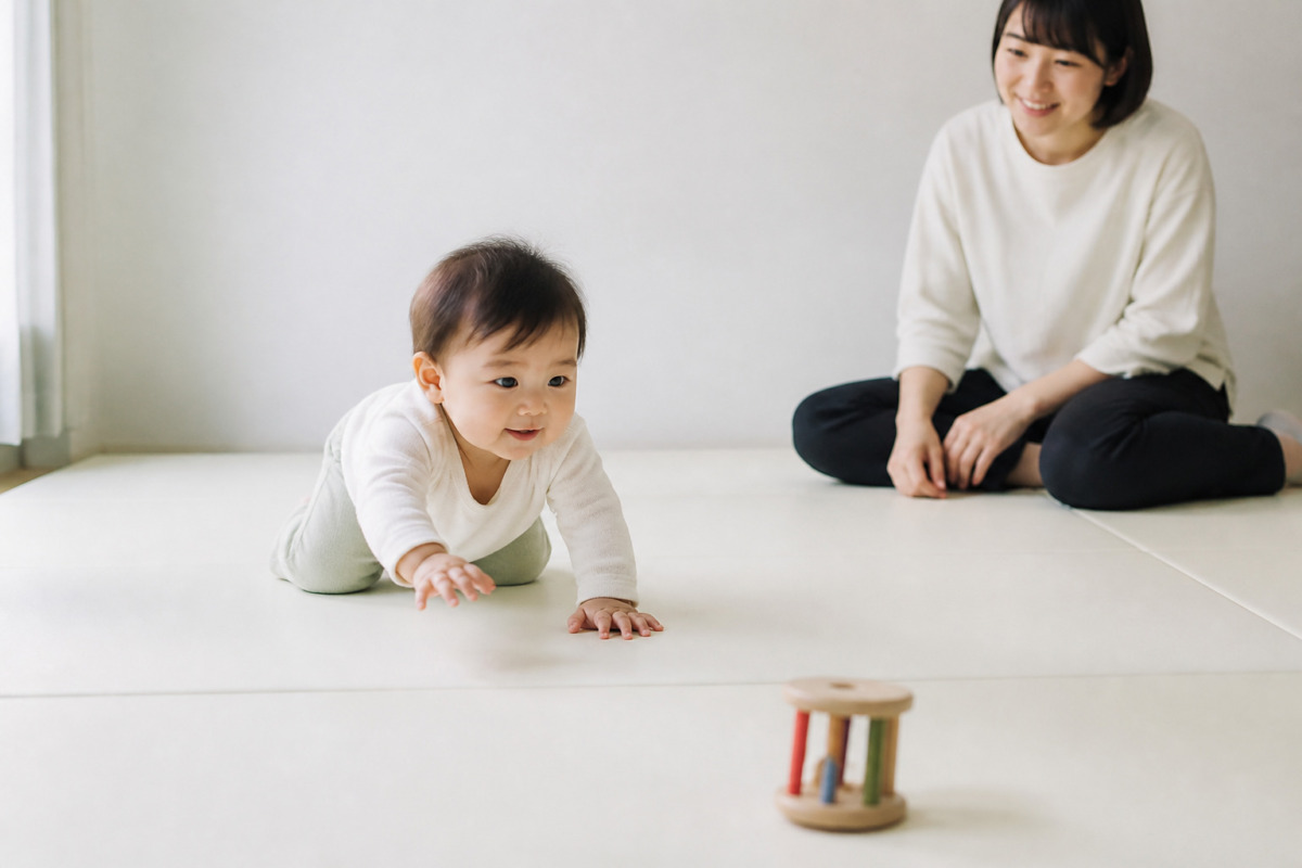 少し先のおもちゃへ向かってはいはいする赤ちゃん