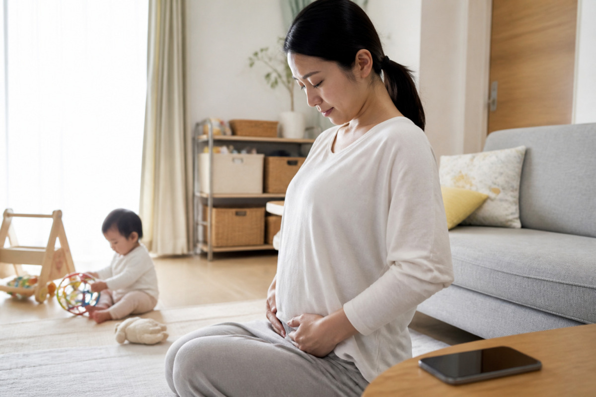 育児の合間に姿勢を整える産後の女性