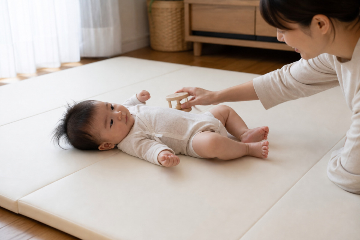 保護者がおもちゃで赤ちゃんの自然な首の動きを促す様子