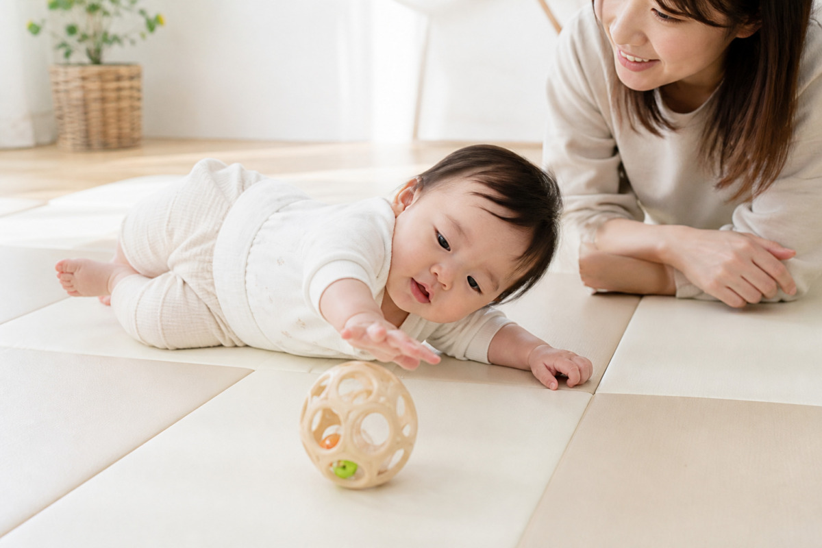 床で横向きになり寝返りを試す赤ちゃんと見守る保護者