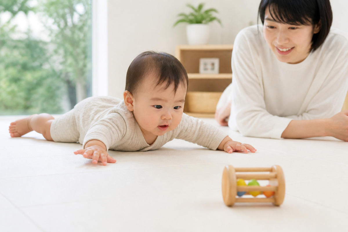 床でずり這いしながら玩具へ進もうとする赤ちゃんと見守る保護者