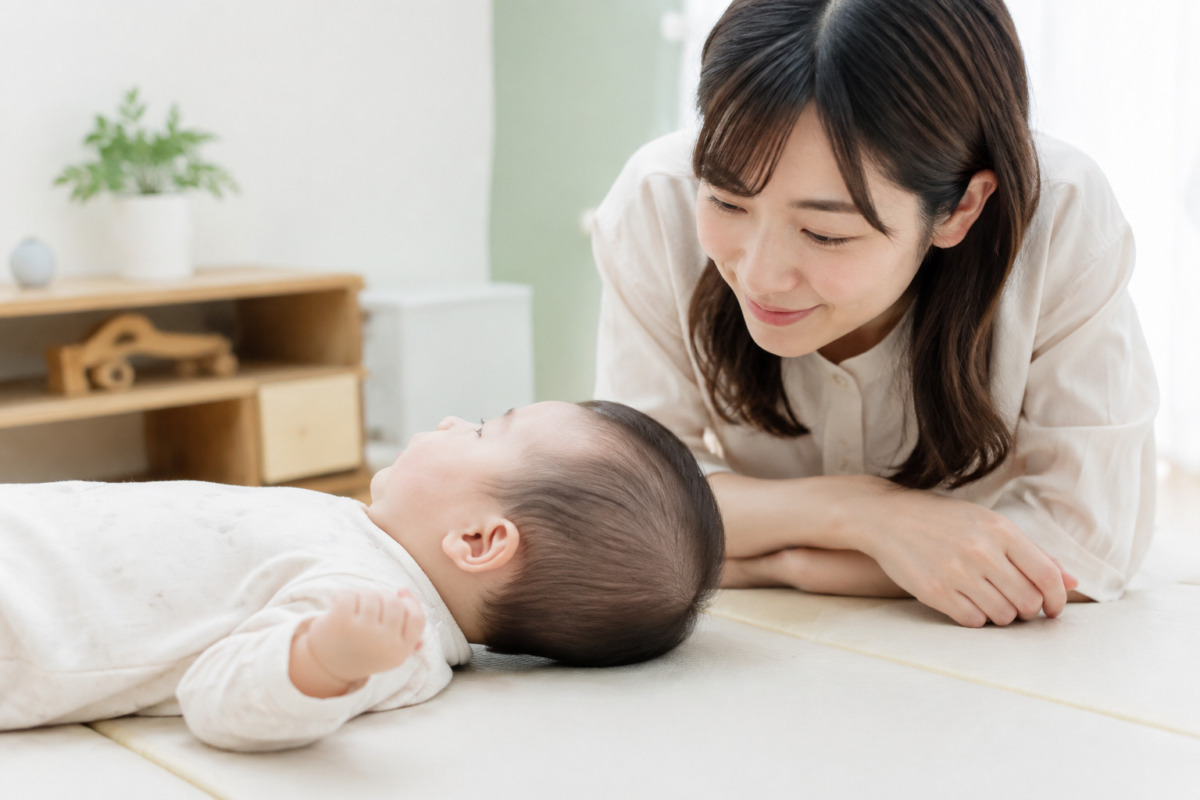 赤ちゃんの頭の形を見守る保護者のイメージ（AI生成）