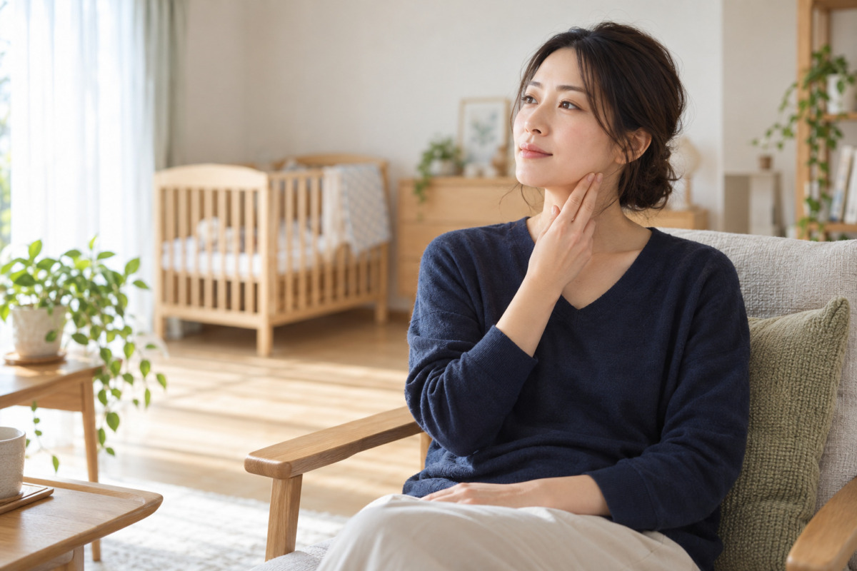 産後のあごと首の緊張を休める女性のイメージ（AI生成）