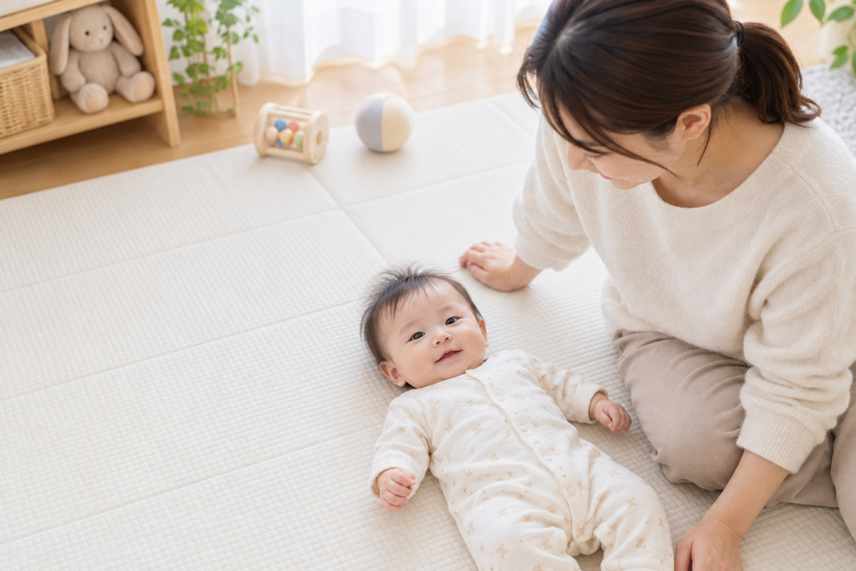 赤ちゃんの後頭部の形と全身の動きを見守る親子のイメージ（AI生成）