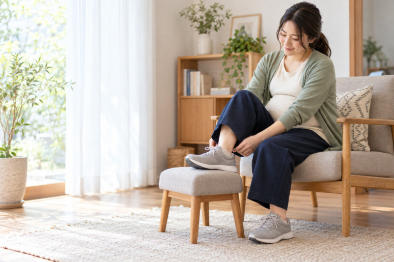 妊娠中の足と靴の状態を確認する女性のイメージ（AI生成）