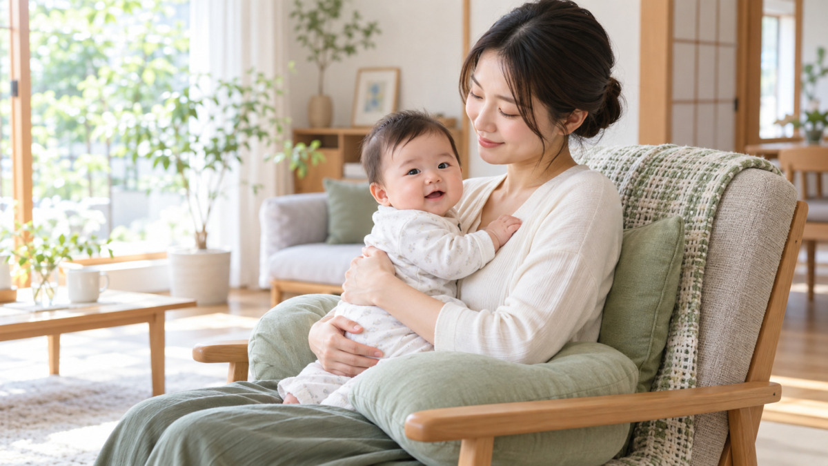 授乳や抱っこによる産後の背中の負担をいたわる女性のイメージ（AI生成）