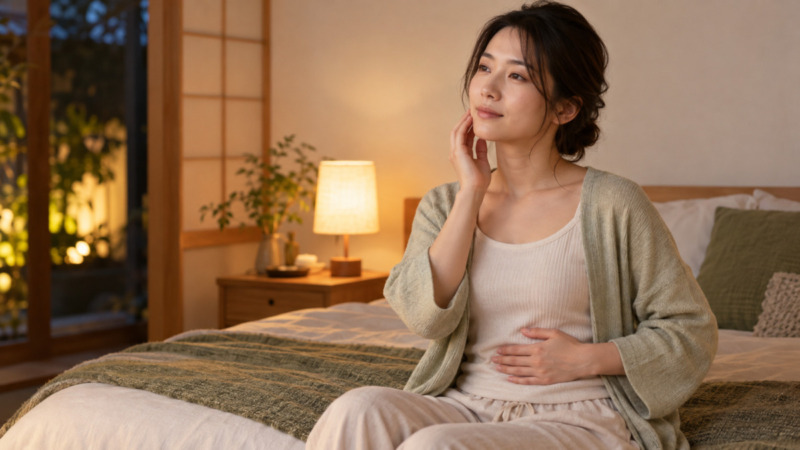 月経前のあごの緊張と睡眠について考える女性のイメージ（AI生成）