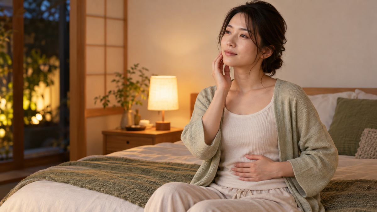 月経前のあごの緊張と睡眠について考える女性のイメージ(AI生成)