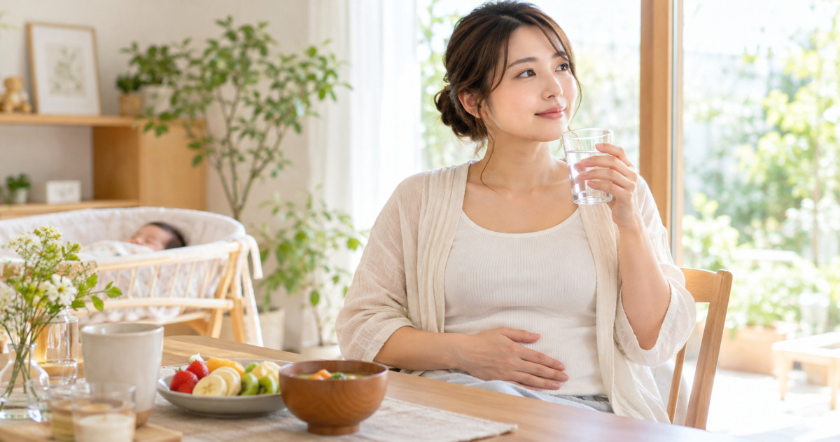 水分と食事を意識して過ごす産後女性のイメージ(AI生成)