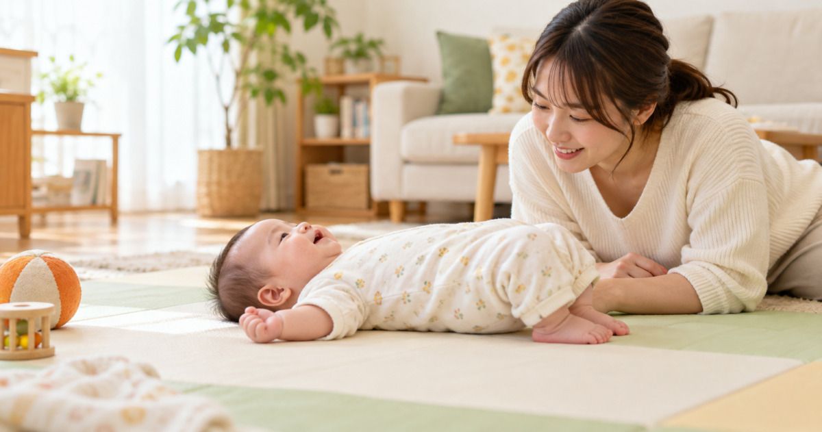 仰向けで身体を動かす赤ちゃんをそばで見守る保護者のイメージ(AI生成)