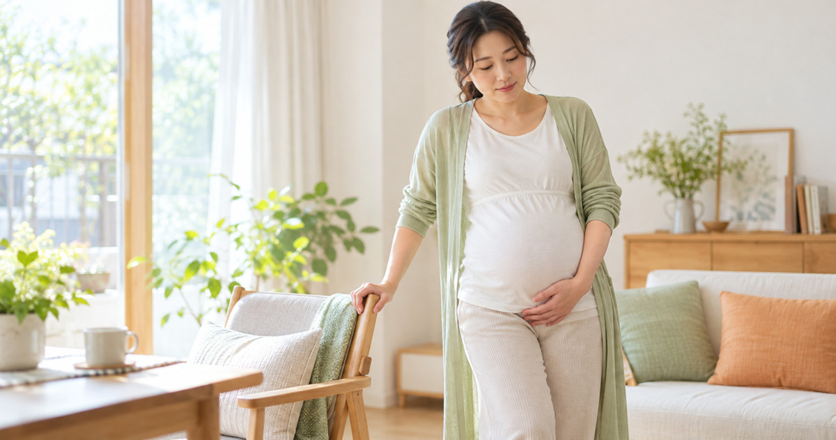 椅子で身体を支えながら骨盤前方を気遣う妊婦のイメージ(AI生成)