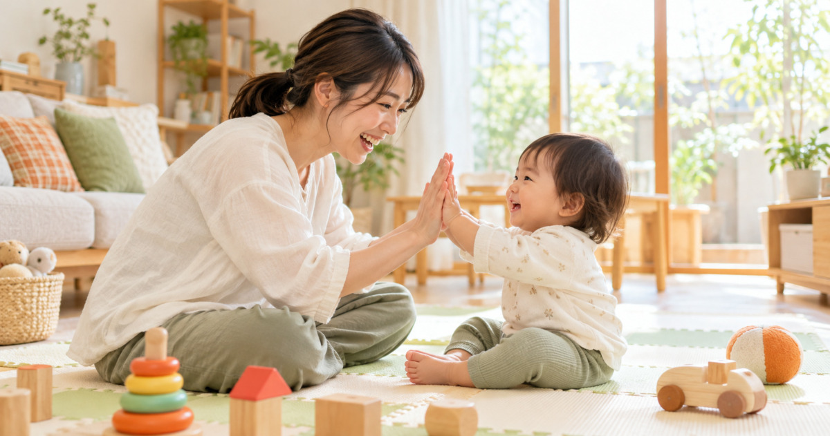 1歳から2歳頃の子どもと手を合わせて遊ぶ親子のイメージ(AI生成)