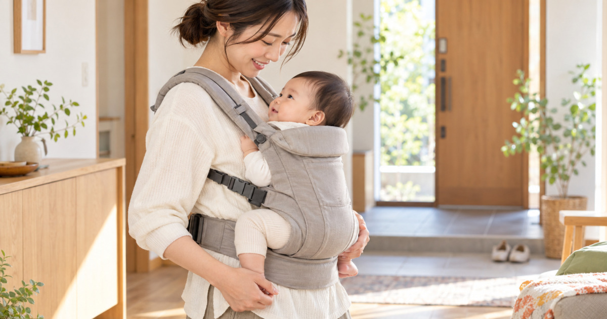 股関節を支える姿勢で抱っこ紐を使用する親子のイメージ（AI生成）